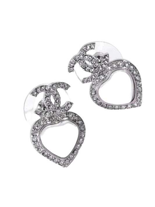CC Logo Heart Pearl Earrings Silver Chanel