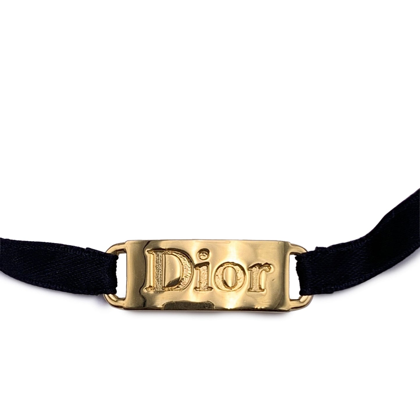CHRISTIAN DIOR Vintage Gold Metal Black Ribbon Logo Plate Bracelet