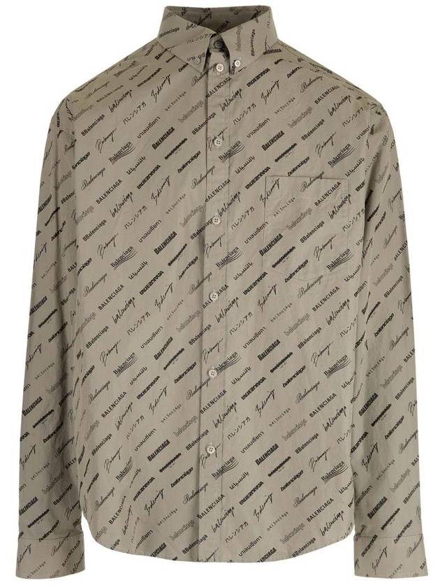 Luxury Balenciaga  Men's Allover Logo Long Sleeve Shirt Dust Black