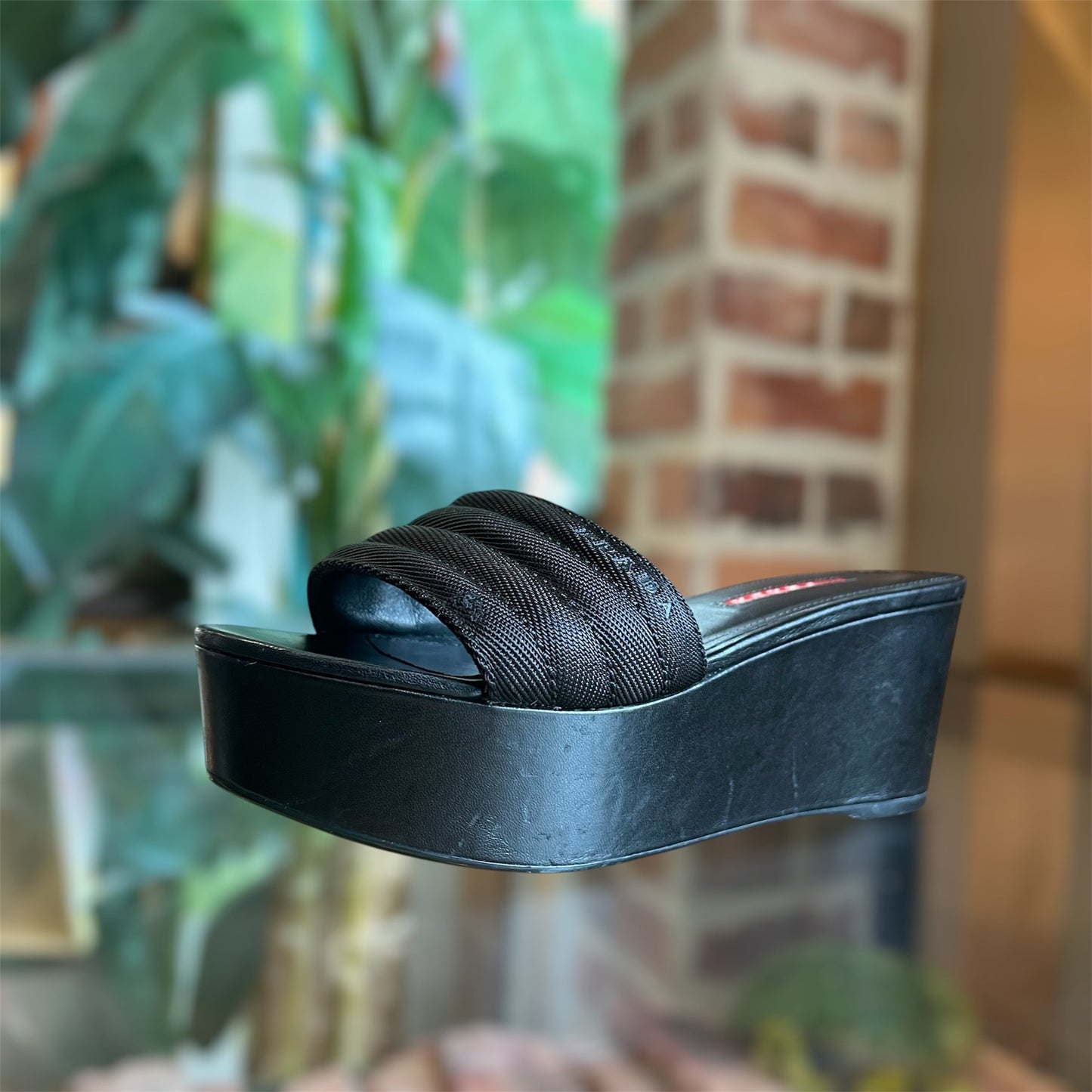 PRADA Black Leather and Canvas Sandals Wedges SZ37(7US)