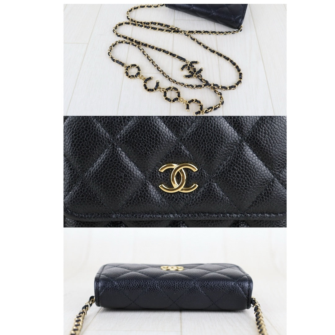 Very Good ( Rank A)｜ CHANEL Matelasse Caviar Skin Mini Chain Shoulder Bag Black Gold Hardware Made in 2021-2022Year ｜H24112101