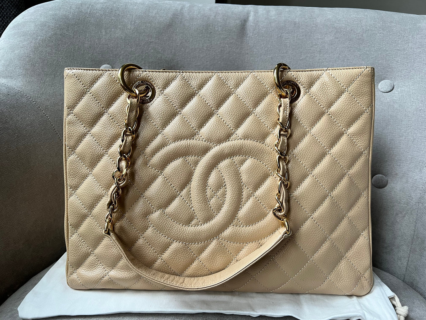Chanel Beige Caviar Grand Shopper Tote with gold hardware