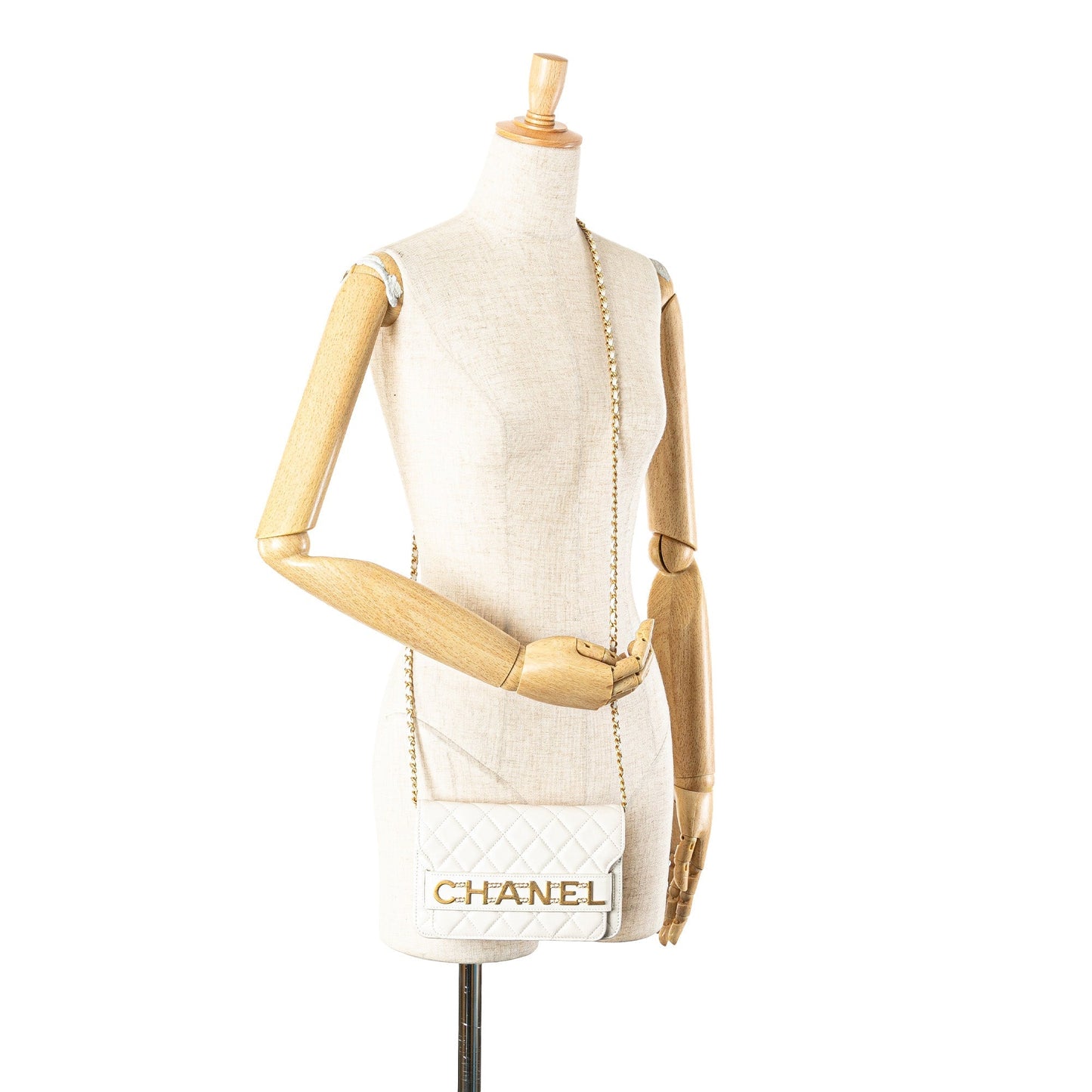 White Chanel Calfskin Enchained Flap Wallet on Chain Crossbody Bag