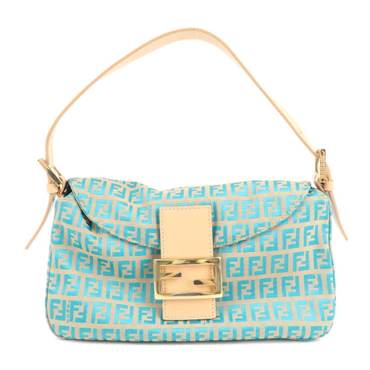 FENDI Zucchino Mamma Baguette Canvas Leather Bag Blue Beige 8BR003