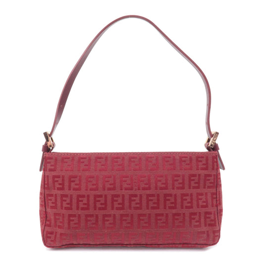 FENDI Zucchino Print Canvas Leather Hand Bag Pouch Red 8BR041