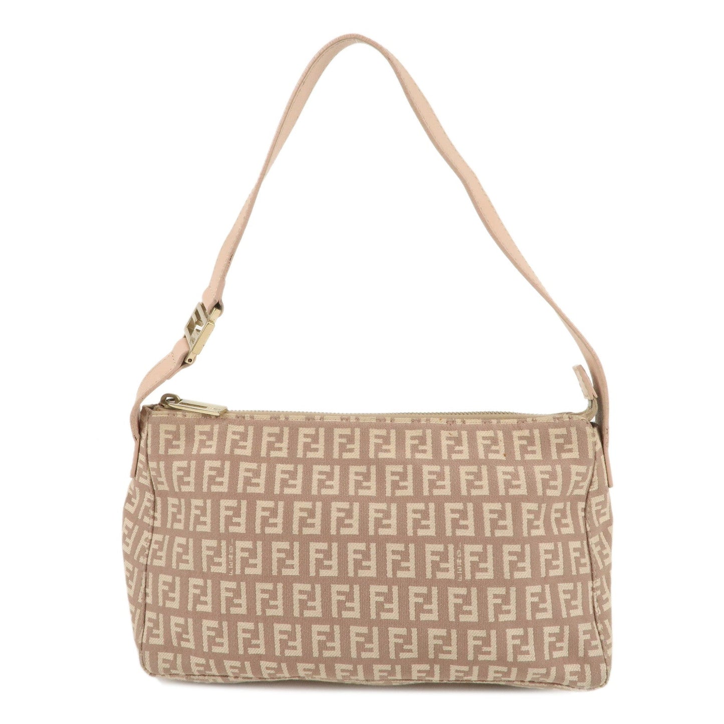 FENDI Zucchino Canvas Leather Shoulder Bag Beige Pink 8BR444