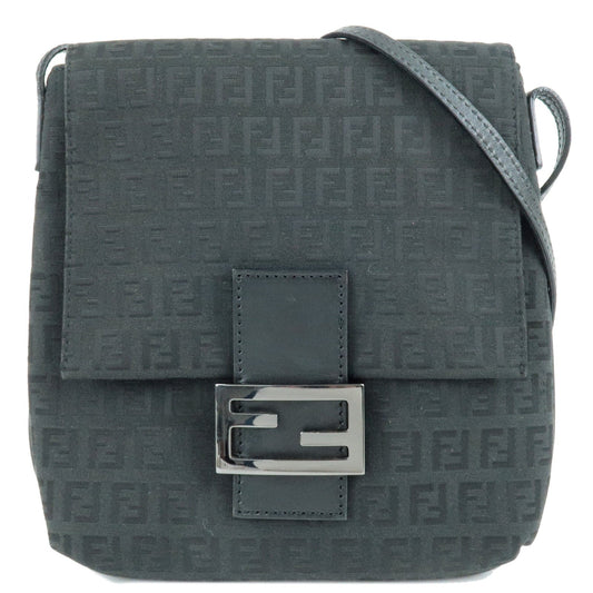 FENDI Zucchino Canvas Leather Shoulder Bag Black 8BT075