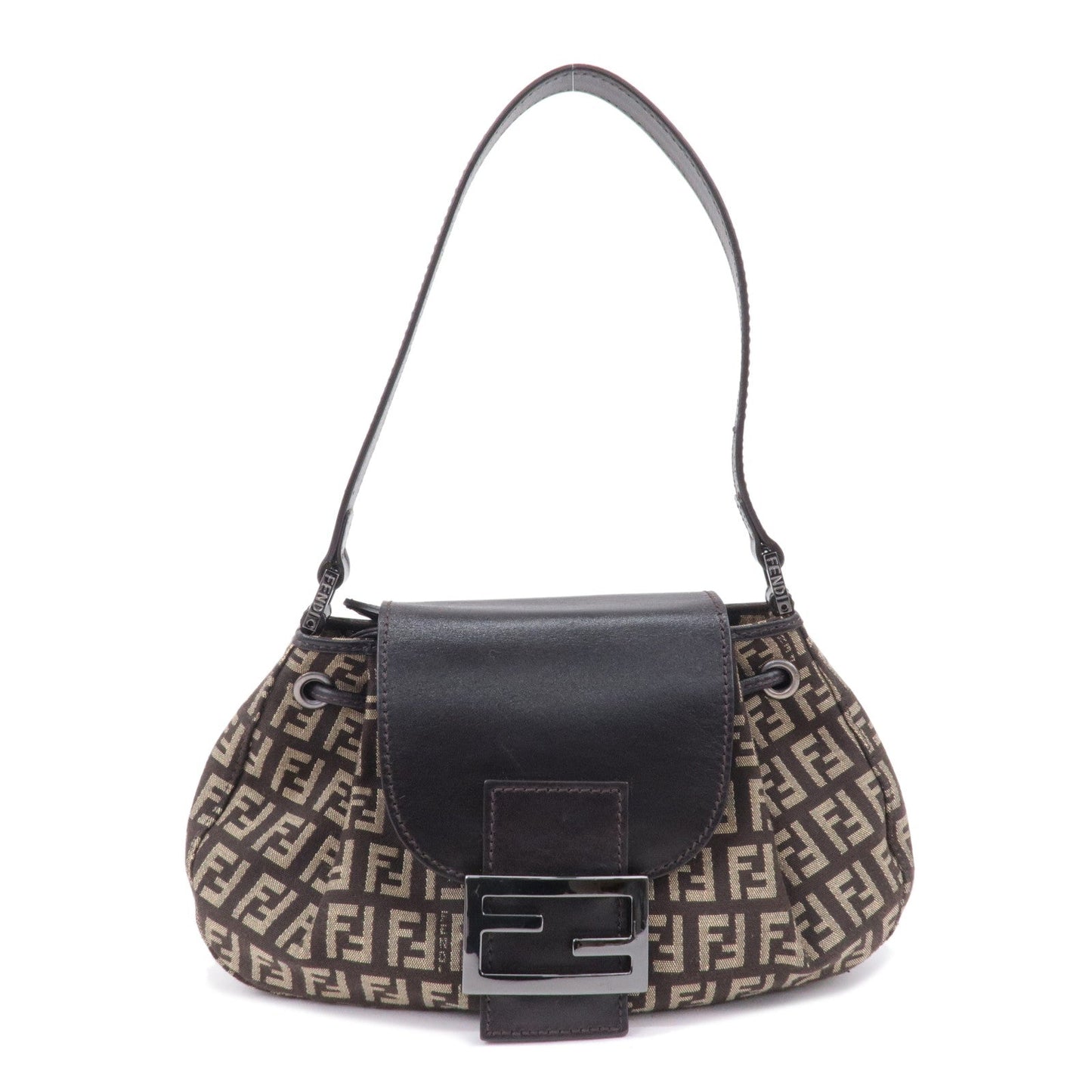 FENDI Zucchino Canvas Leather Shoulder Bag Brown Beige 8BR277