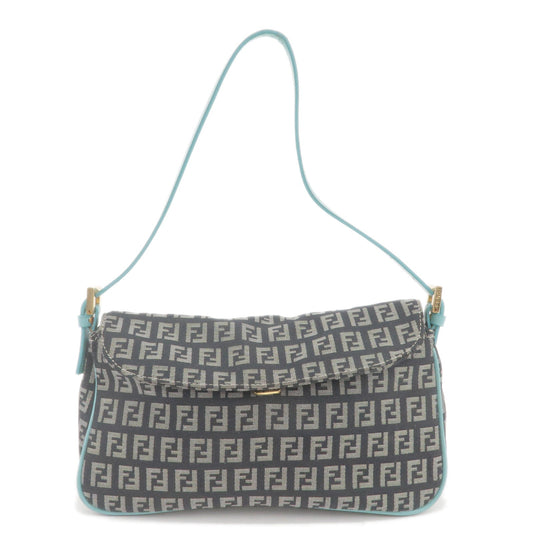 FENDI Zucchino Canvas Leather Shoulder Bag Black Light Blue 8BR145