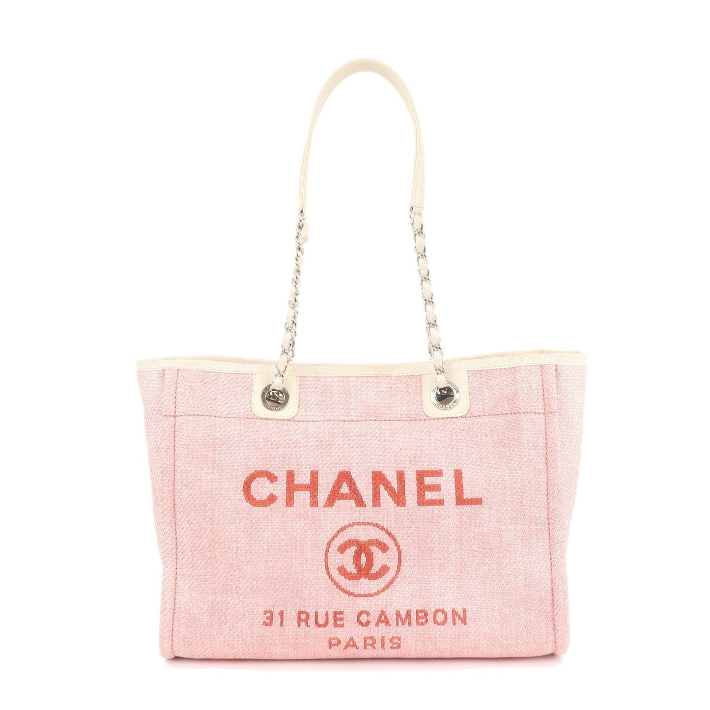 Chanel Deauville MM Straw Leather Chain Tote Bag Pink A67001