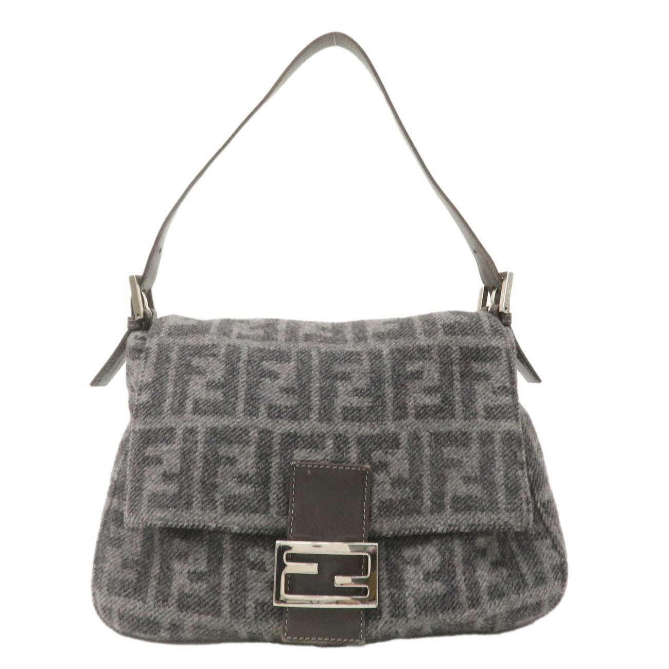 FENDI Zucca Mamma Baguette Wool Leather Shoulder Bag Gray 26325