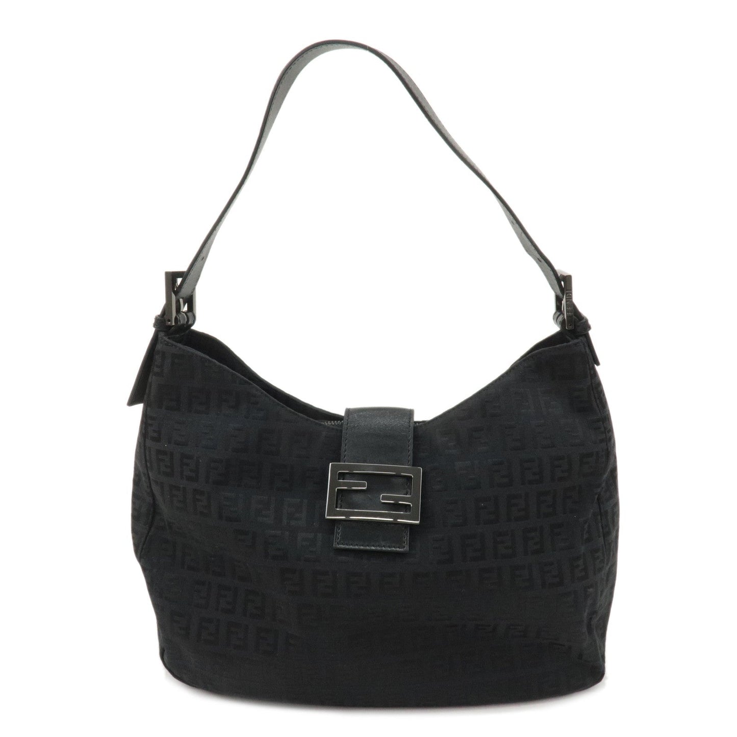 FENDI Zucchino Canvas Leather Shoulder Bag Black 8BR037