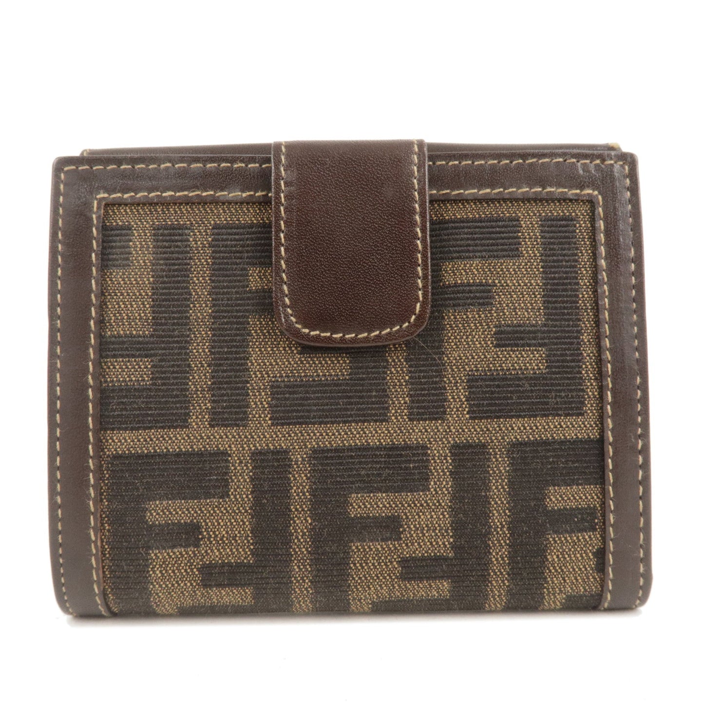 FENDI Zucca Canvas Leather Double Hook Wallet Brown Black 12671