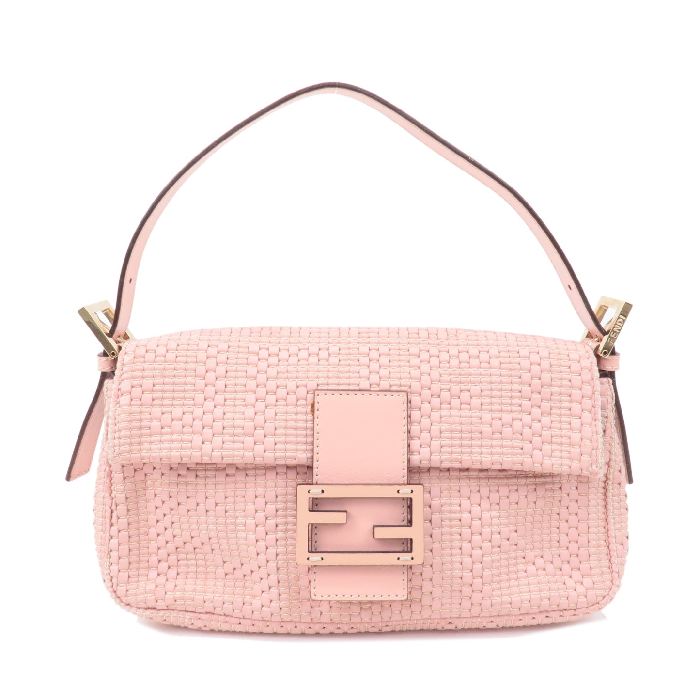 FENDI Mamma Baguette Leather Braided Shoulder Bag Pink 8BR600