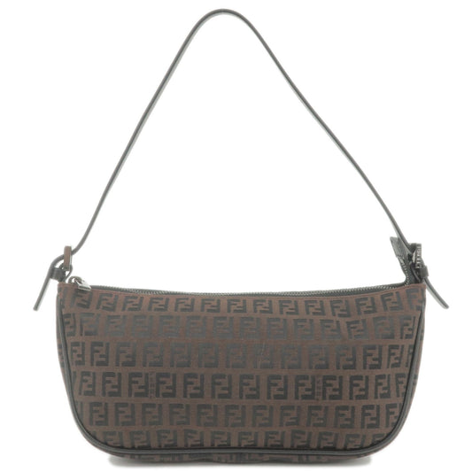 FENDI Zucchino Canvas Leather Hand Bag Dark Brown Black 8BR144