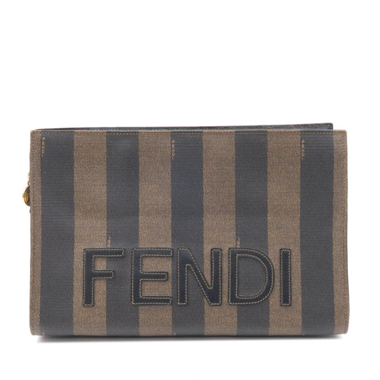 FENDI Pequin PVC Leather Clutch Bag Black Khaki