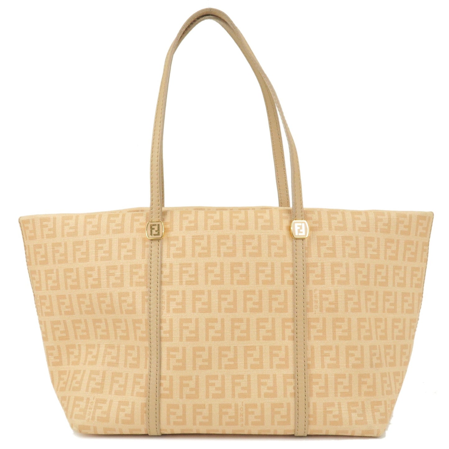 FENDI Zucchino Print Canvas Leather Tote Bag Beige 8BH256