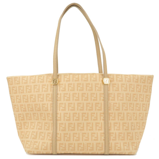 FENDI Zucchino Print Canvas Leather Tote Bag Beige 8BH256