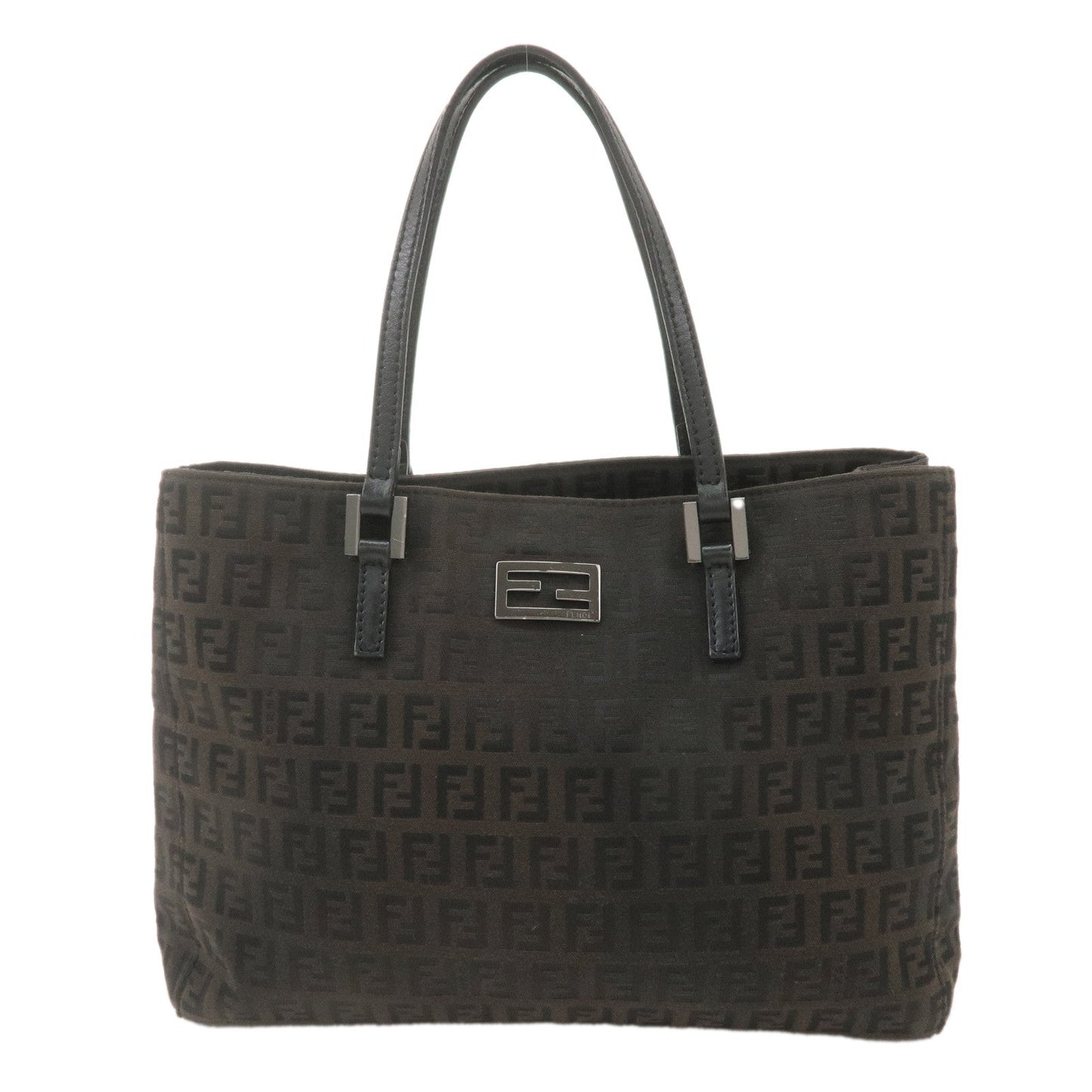 FENDI Zucchino Canvas Leather Hand Bag Small Tote Bag Black 8BH132