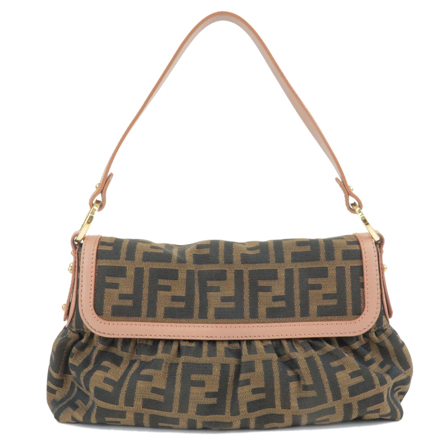 FENDI Zucca Print Canvas Leather Shoulder Bag Brown Pink 8BR353