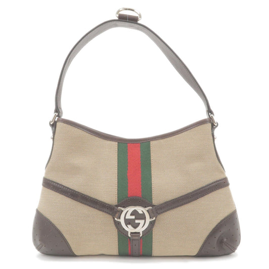 GUCCI Sherry Canvas Leather Shoulder Bag Hobo Bag Beige Brown