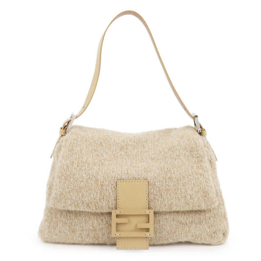 FENDI Mamma Baguette Wool Knit Leather Shoulder Bag Beige 26325