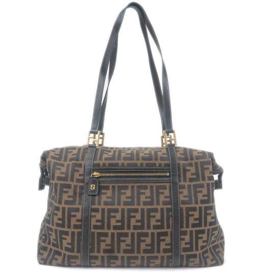 FENDI Zucca Print Canvas Leather Tote Bag Khaki Black