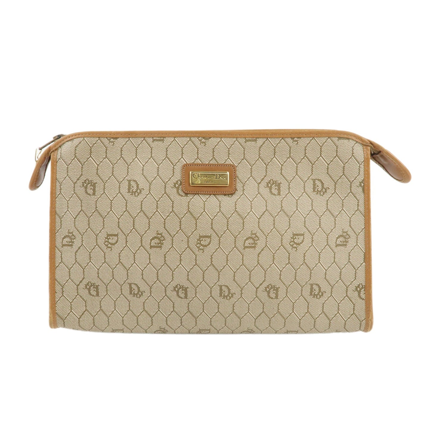 Christian Dior Honeycomb PVC Leather Clutch Bag Khaki Brown