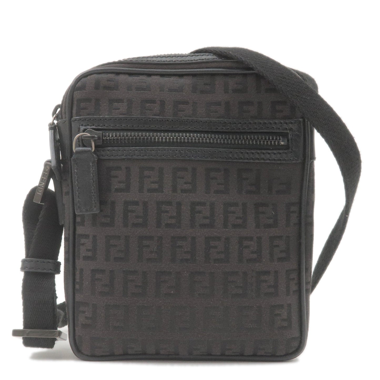FENDI Zucchino Canvas Leather Shoulder Bag Dark Brown Black 8BT098