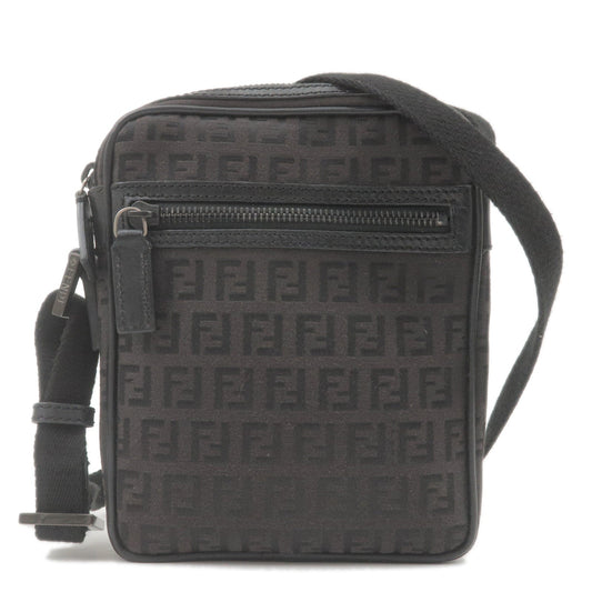 FENDI Zucchino Canvas Leather Shoulder Bag Dark Brown Black 8BT098