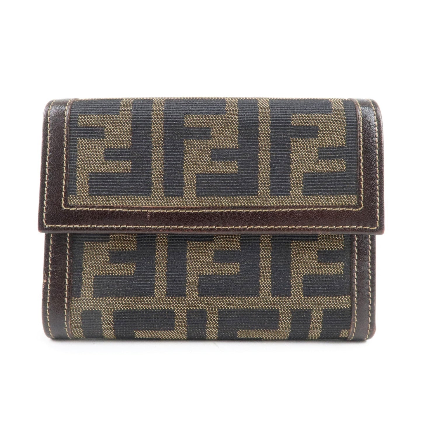 FENDI Zucca Canvas Leather Tri-fold Wallet Brown Black 30729