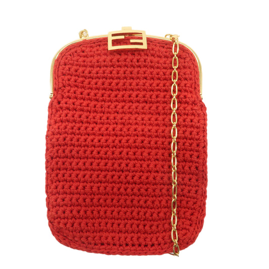 FENDI Baguette Knit Cell Phone Case Shoulder Bag Red 7AR966