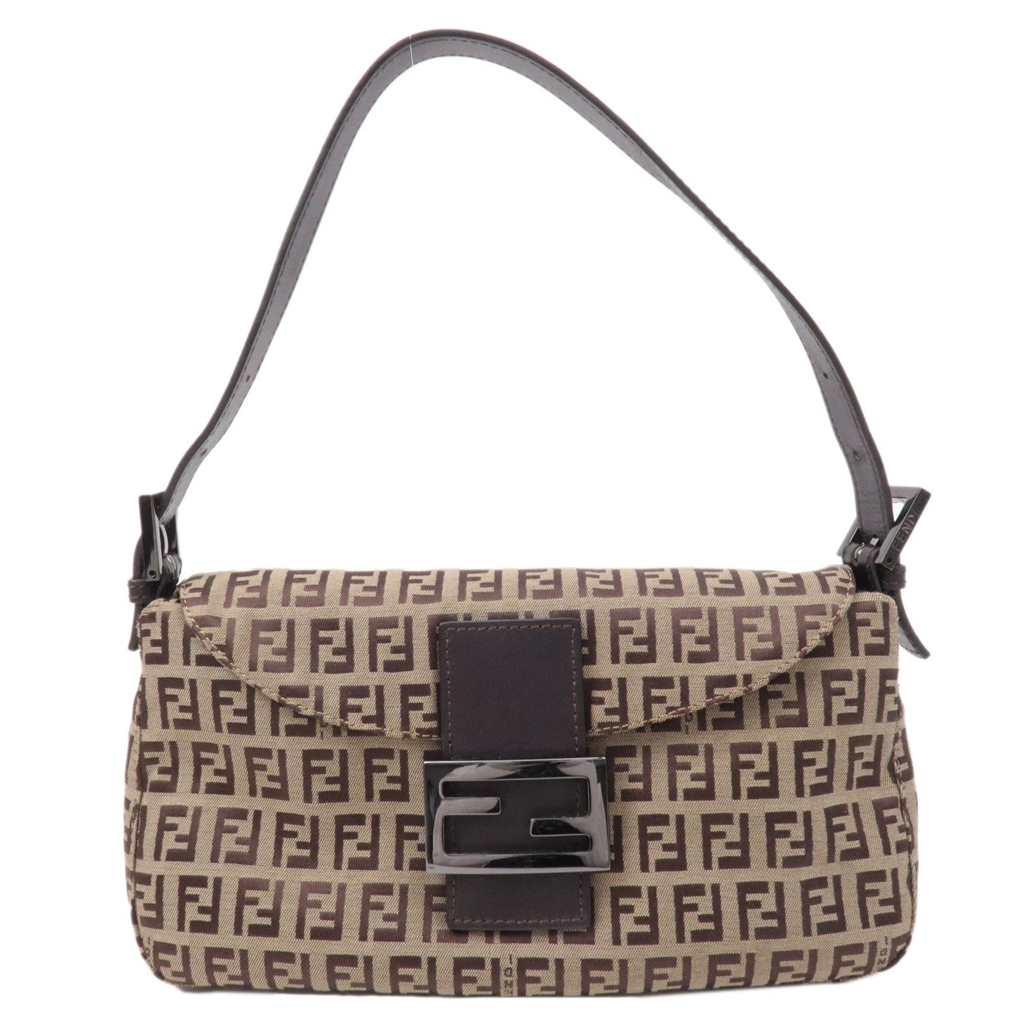 FENDI Zucchino Canvas Leather Shoulder Bag Brown Beige 8BR003
