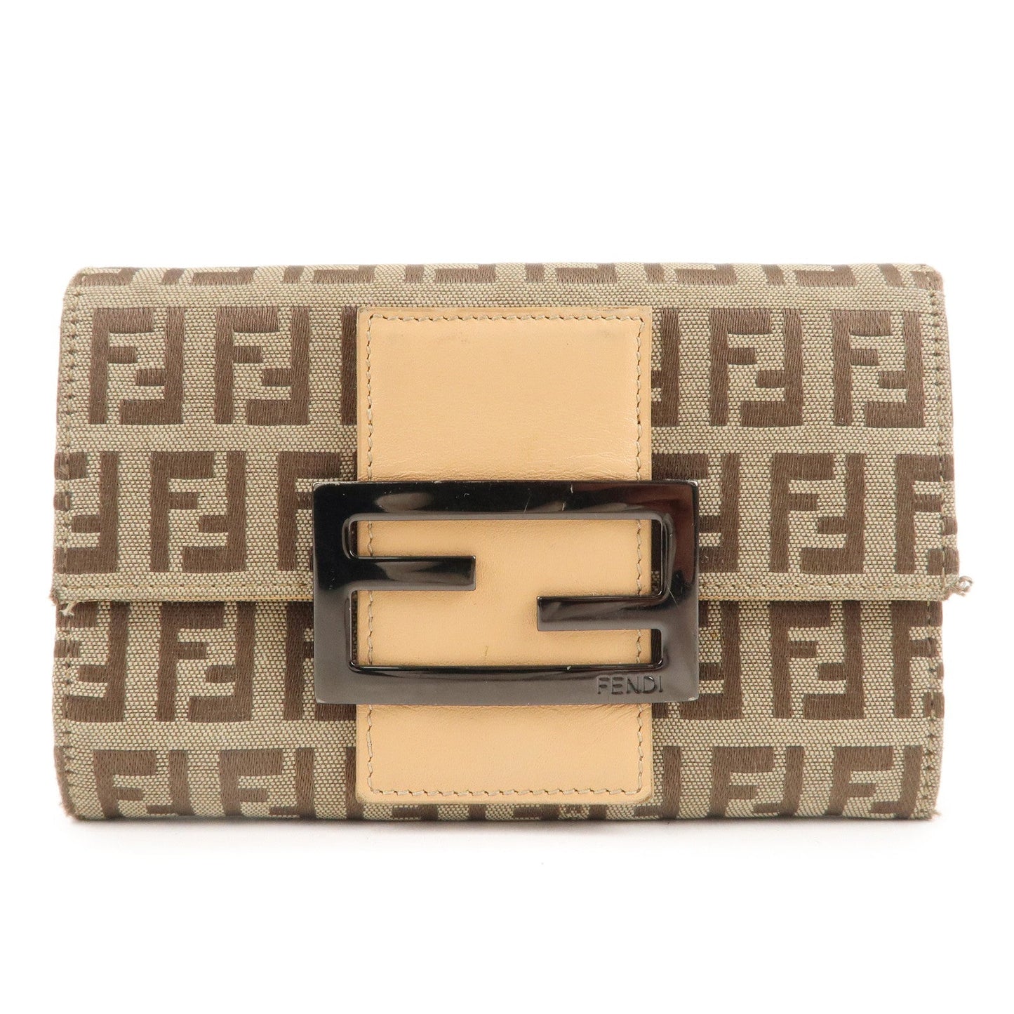 FENDI Zucchino Canvas Leather Bi-fold Wallet Beige Brown 8M0036