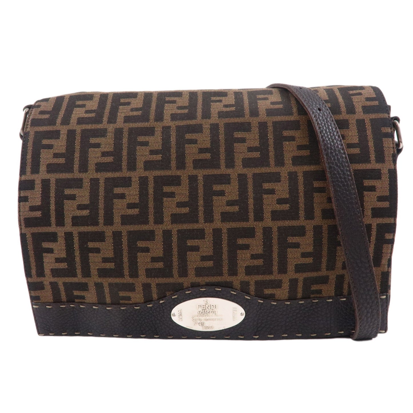 FENDI Zucca Selleria Canvas Leather Shoulder Bag Brown 8BT116