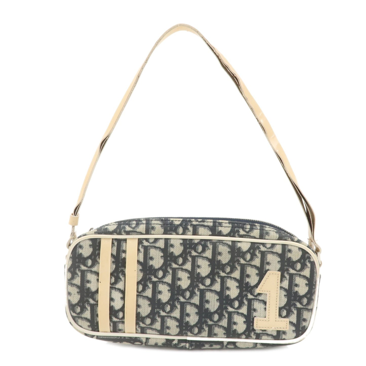 Christian Dior Trotter PVC Enamel Pouch Hand Bag Navy White