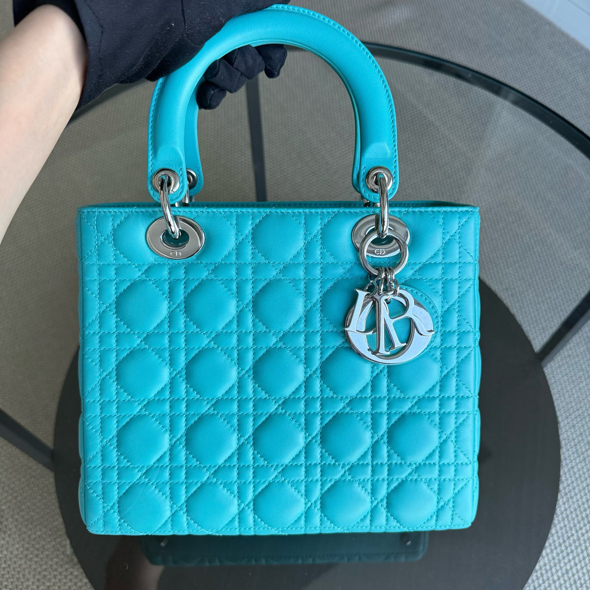 Dior Lady Medium - 25CM Cannage Lambskin Light Blue Silver Hardware