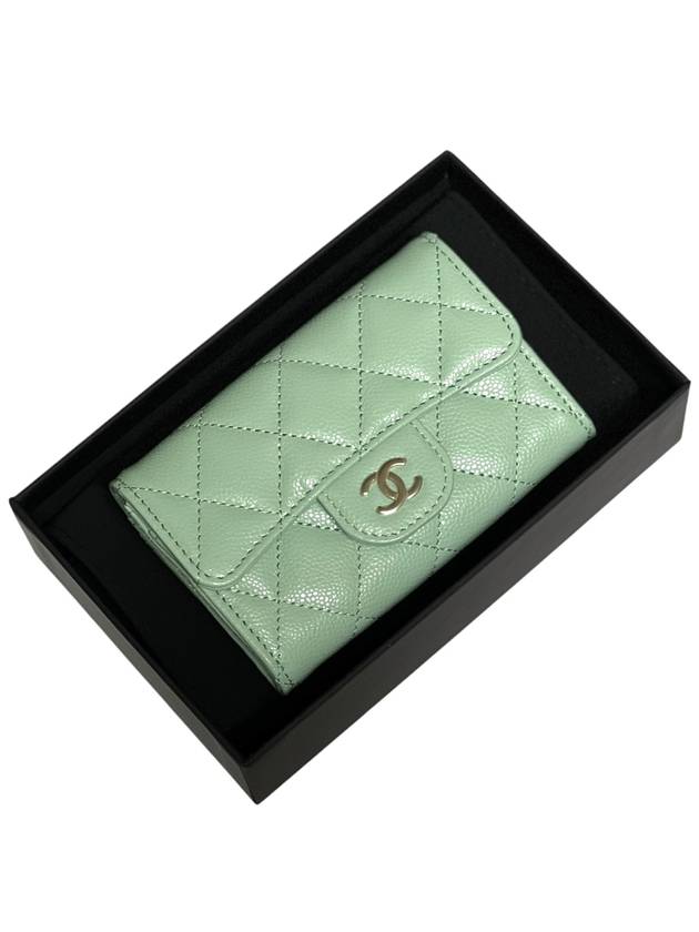 Classic Gold Logo Grained Shiny Calfskin Card Wallet Light Green Chanel