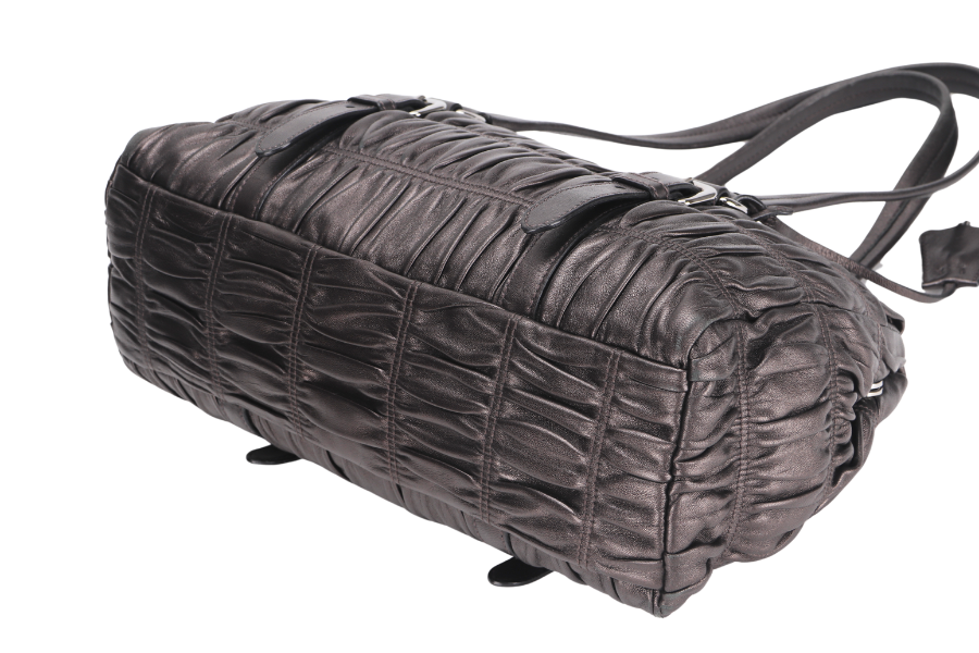 PRADA BR3971 PUSHLOCK FLAP BAG METALIC GREY LEATHER SILVER HARDWARE WITH DUST COVER