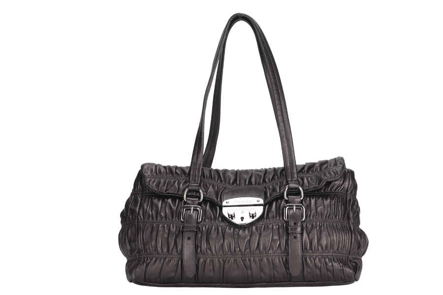 PRADA BR3971 PUSHLOCK FLAP BAG METALIC GREY LEATHER SILVER HARDWARE WITH DUST COVER