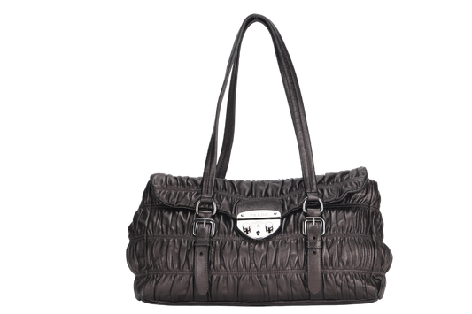 PRADA BR3971 PUSHLOCK FLAP BAG METALIC GREY LEATHER SILVER HARDWARE WITH DUST COVER