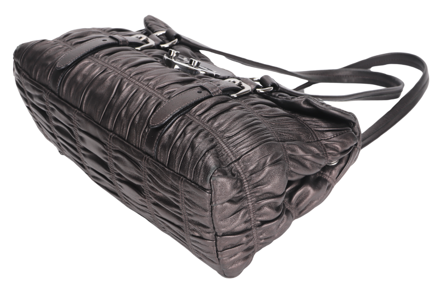 PRADA BR3971 PUSHLOCK FLAP BAG METALIC GREY LEATHER SILVER HARDWARE WITH DUST COVER