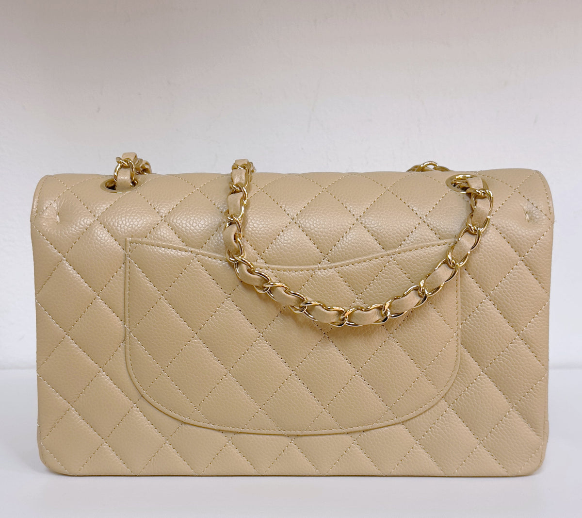 Chanel Medium Beige Classic Caviar Double Flap Bag GHW Microchip Singapore local Receipt