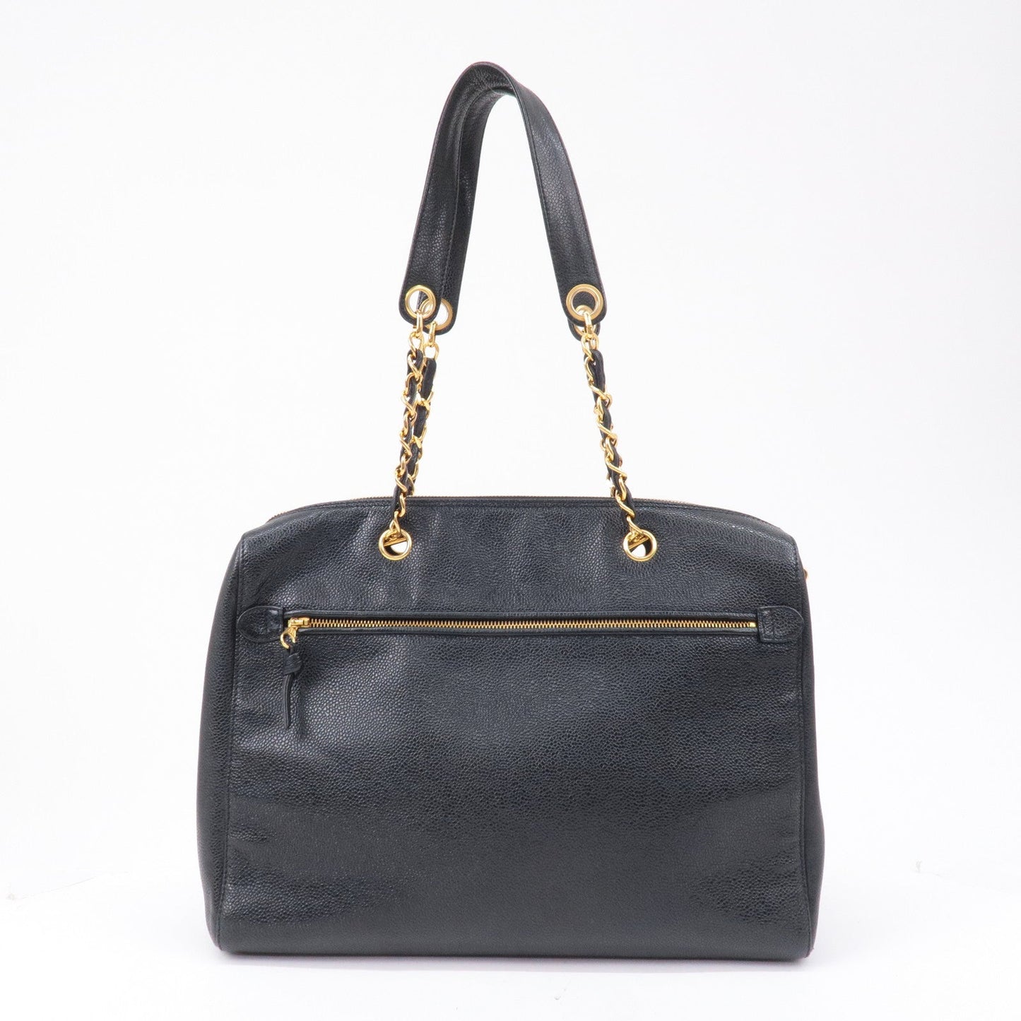 CHANEL Caviar Skin Chain Tote Bag Shoulder Bag Gold Black