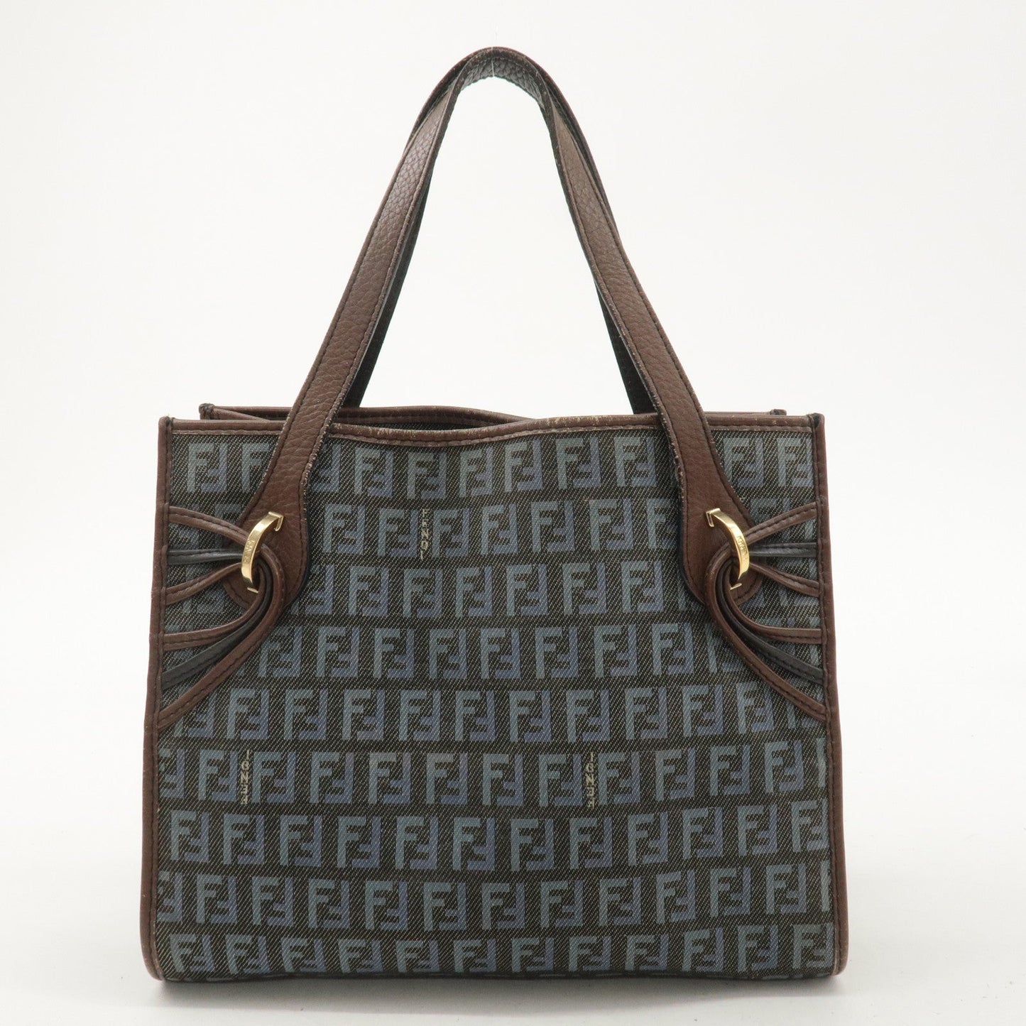 FENDI Zucchino Canvas Leather Tote Bag Brown Blue Black 8BH152