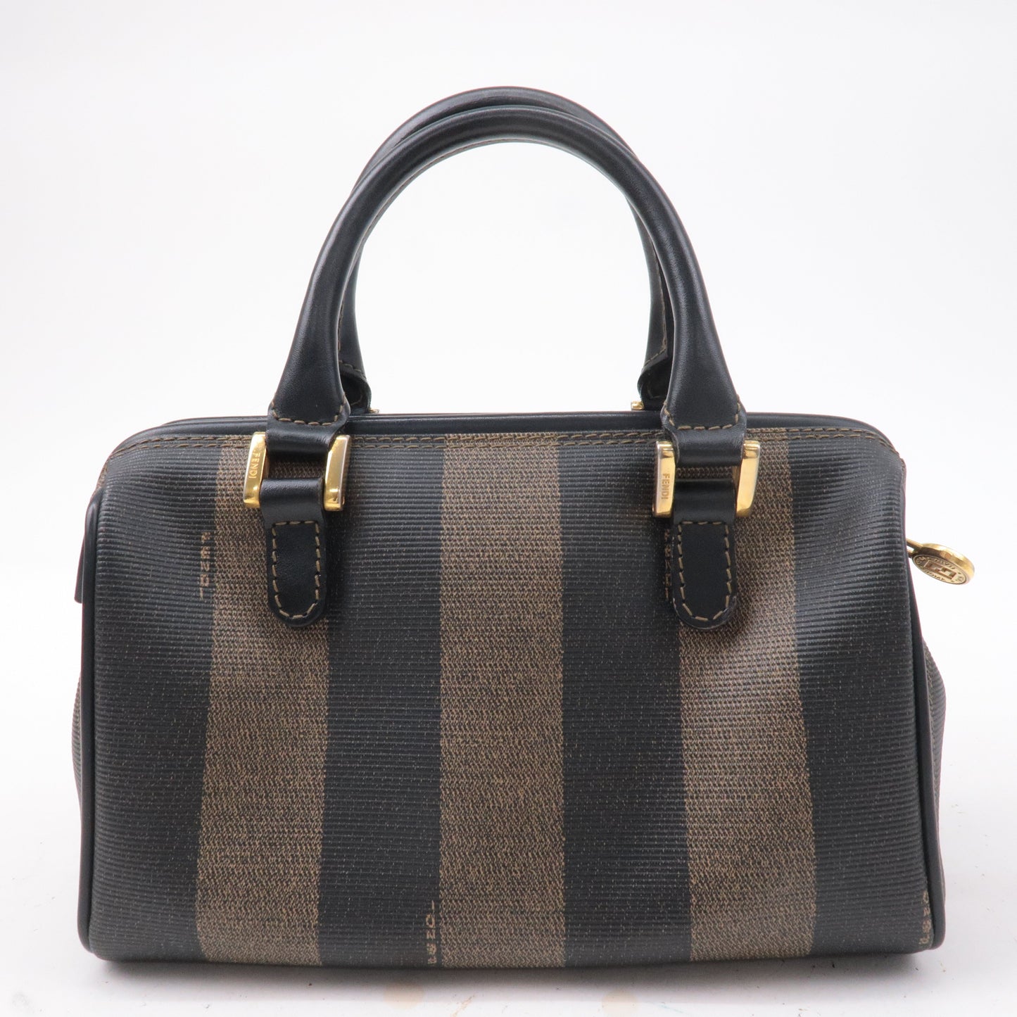 FENDI Pequin PVC Leather Mini Boston Bag Hand Bag Khaki Black