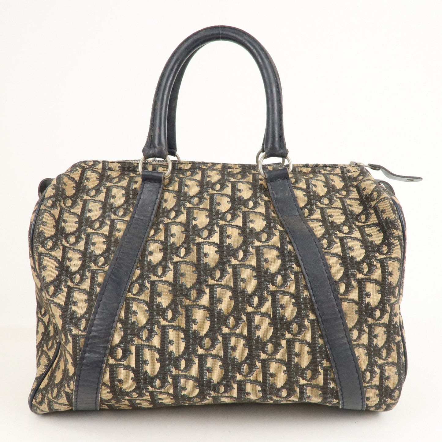 Christian Dior Trotter Canvas Leather Boston Bag Navy Beige
