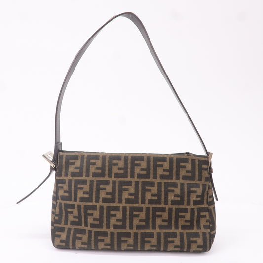 FENDI Zucca Canvas Leather Shoulder Bag Khaki Brown Black 26566