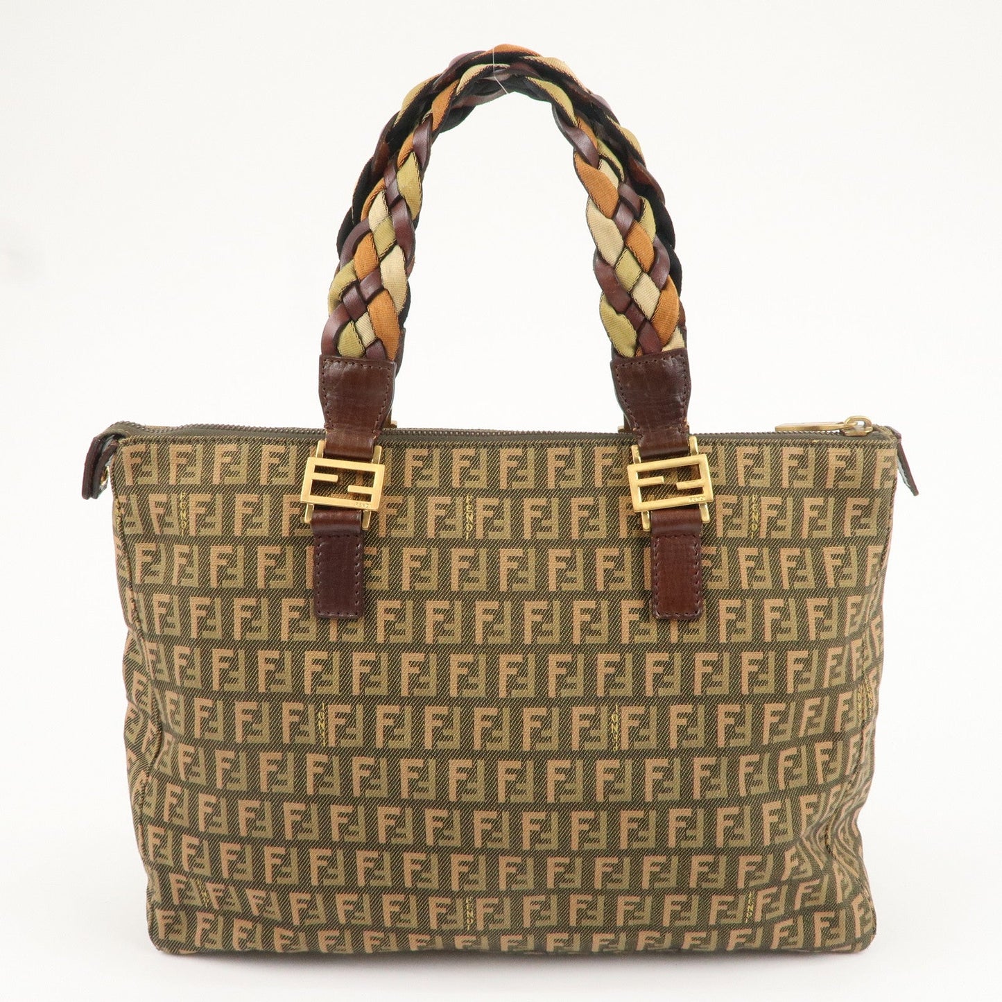 FENDI Zucchino Canvas Leather Tote Bag Khaki Brown 8BH138