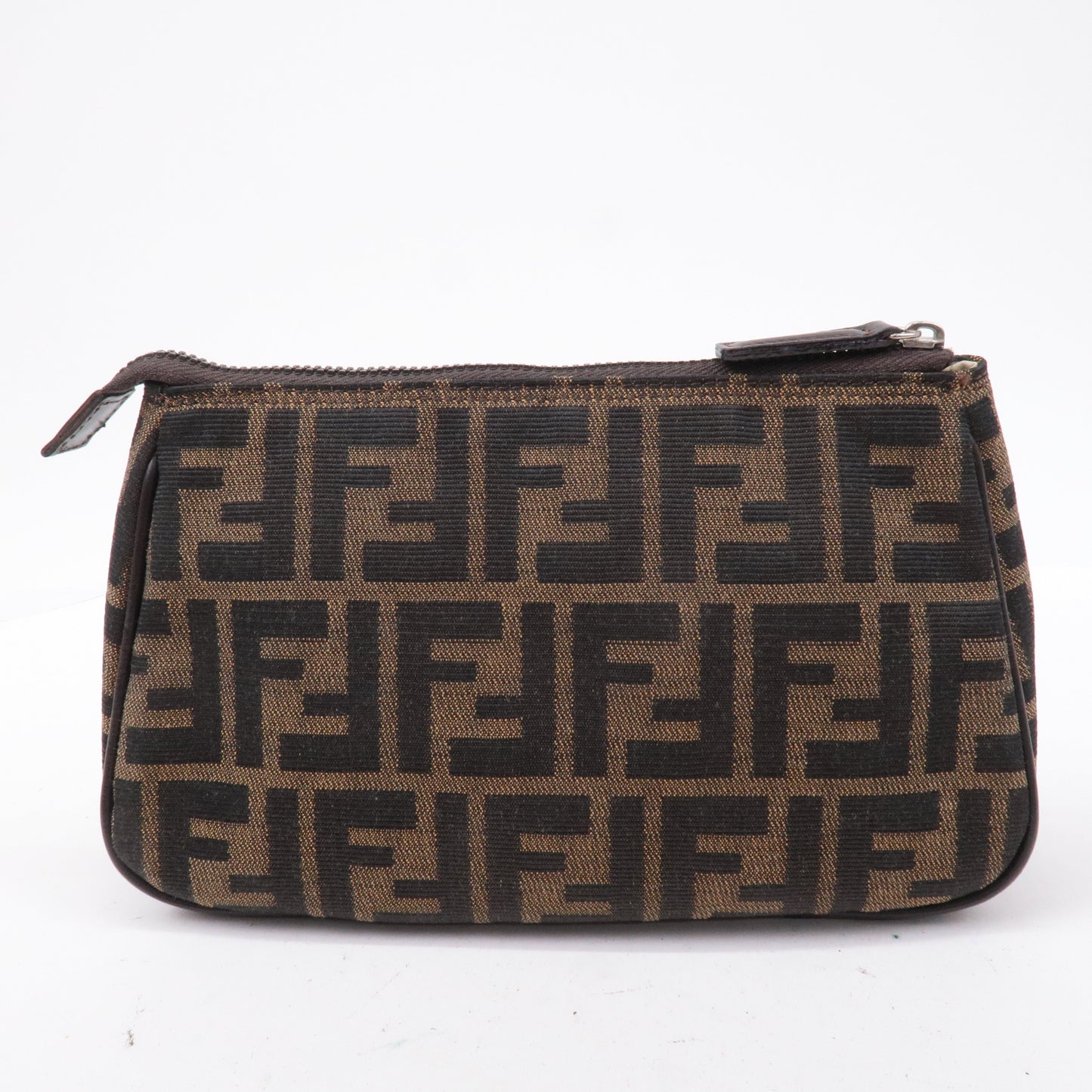 FENDI Zucca Canvas Leather Cosmetic Pouch Brown Black 26387
